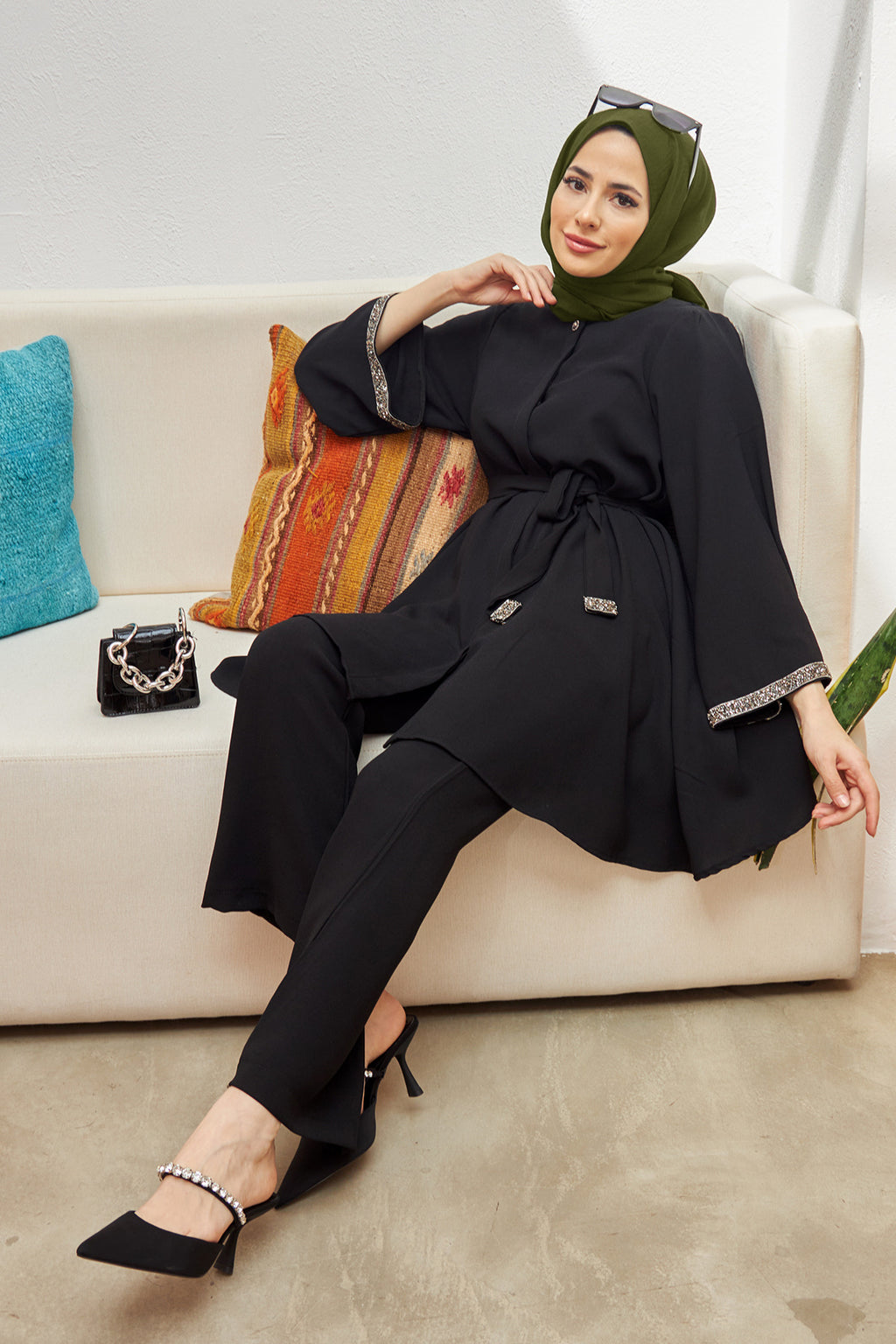 Glistening Rhinestone Modest Top & Flared Pant Set-Black