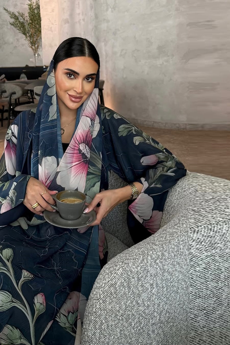 Artisanal Midnight Floral Abaya & Hijab Set-Blue