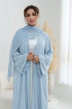 Floral Lace Trim Open Abaya & Matching Hijab Two-Piece Set-Blue