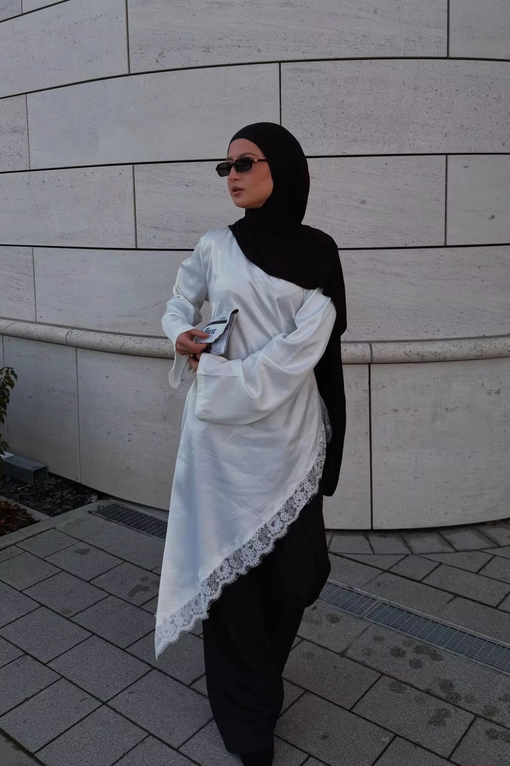 Lace-Trimmed Asymmetric Satin Modest Tunic-White