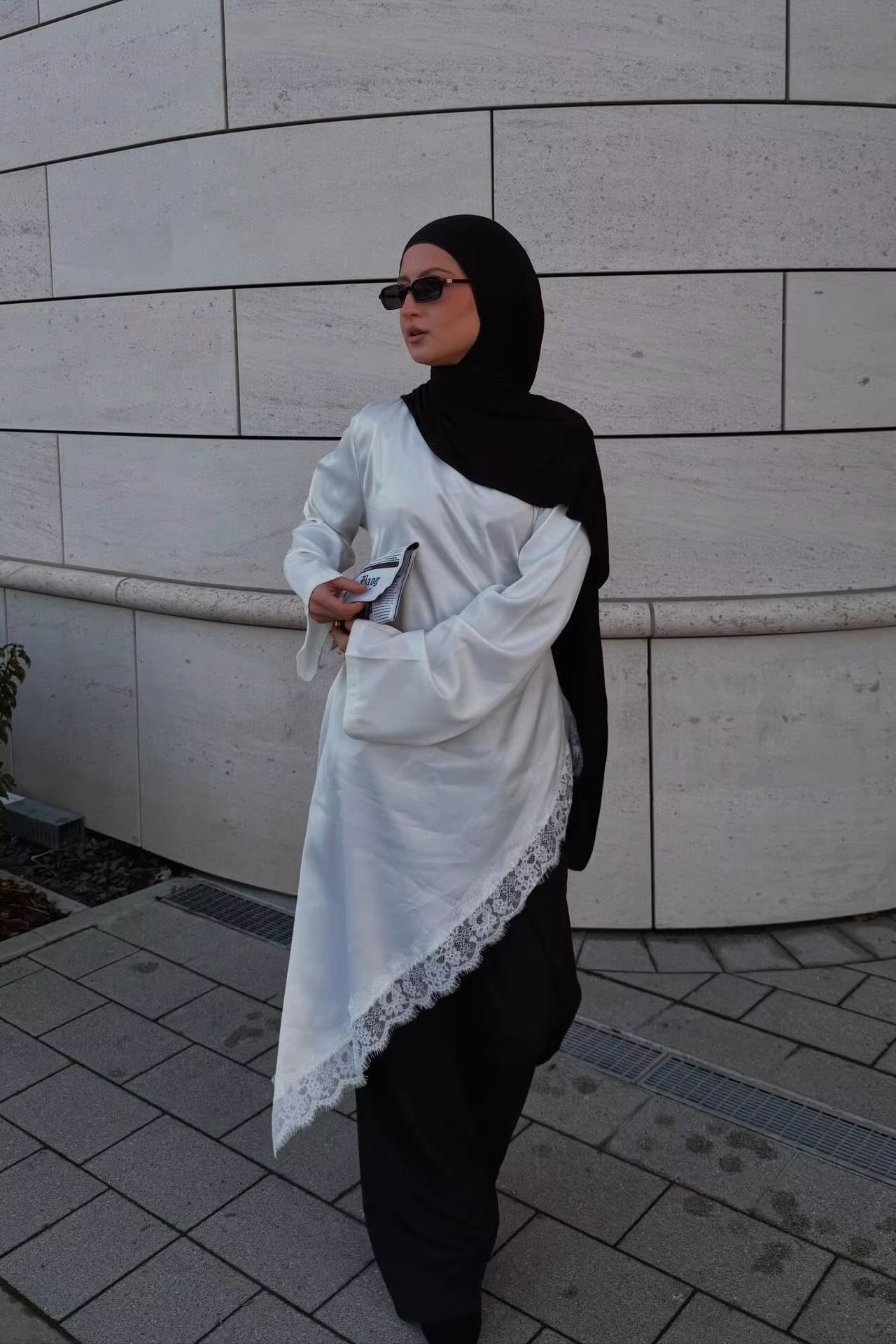 Lace-Trimmed Asymmetric Satin Modest Tunic-White