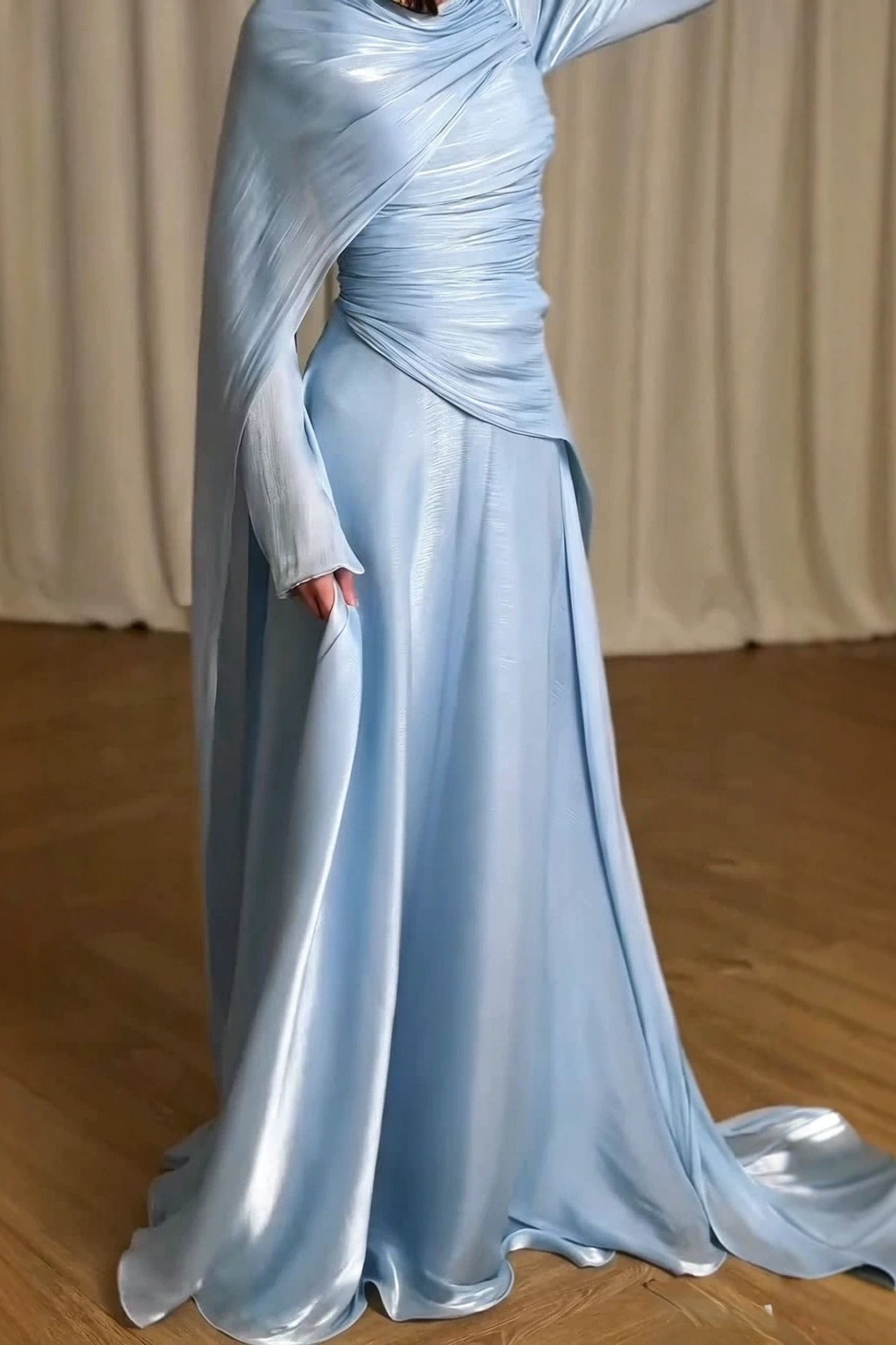 Elena Draped Cape Ruched Waist Maxi Dress