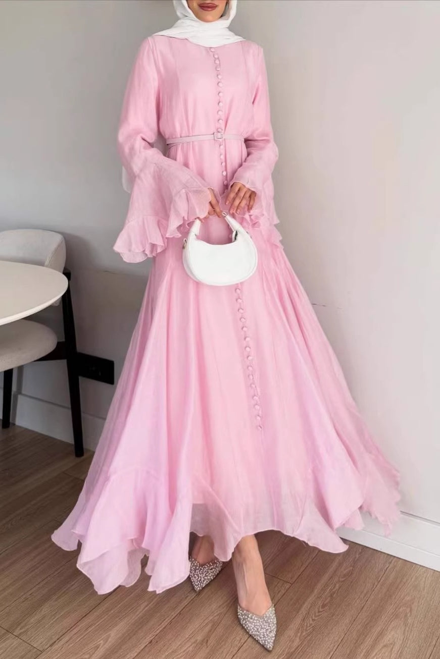 Button Down Cascade Ruffle Sleeve Dress-Pink