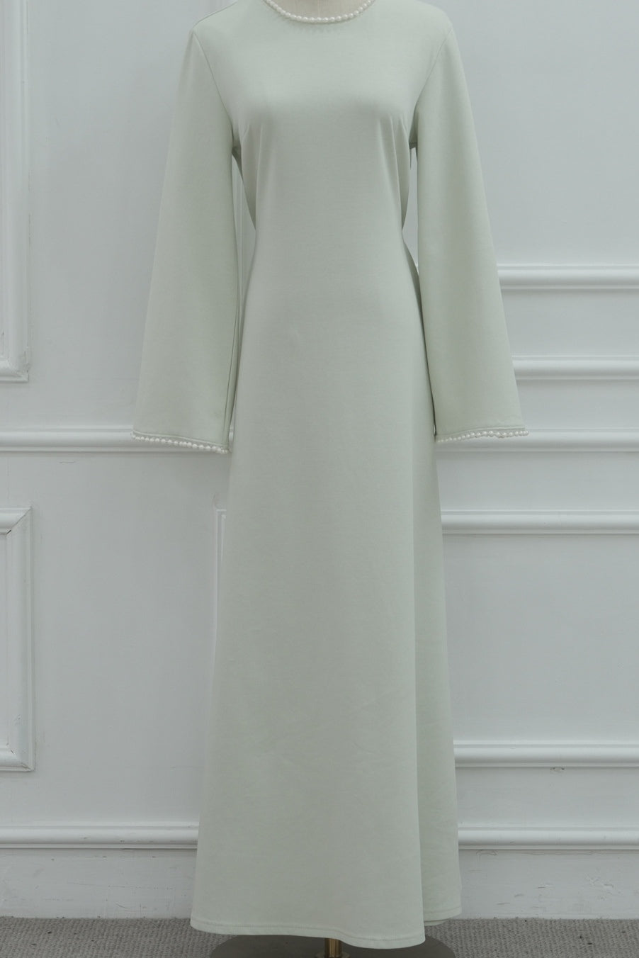 Pearl-Trimmed Cape Modest Evening Gown-Green