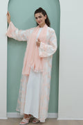 Floral Bloom Sheer Mesh Open Abaya-Pink