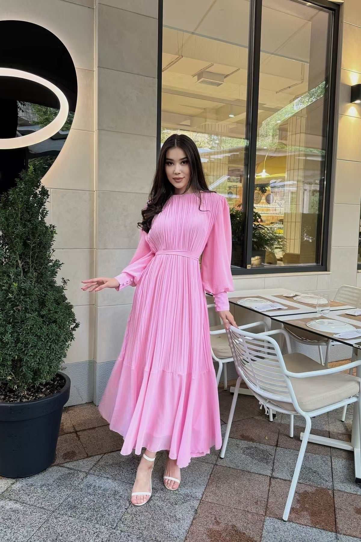 Elegance Pleated Chiffon Full-Sweep Maxi Dress-Pink