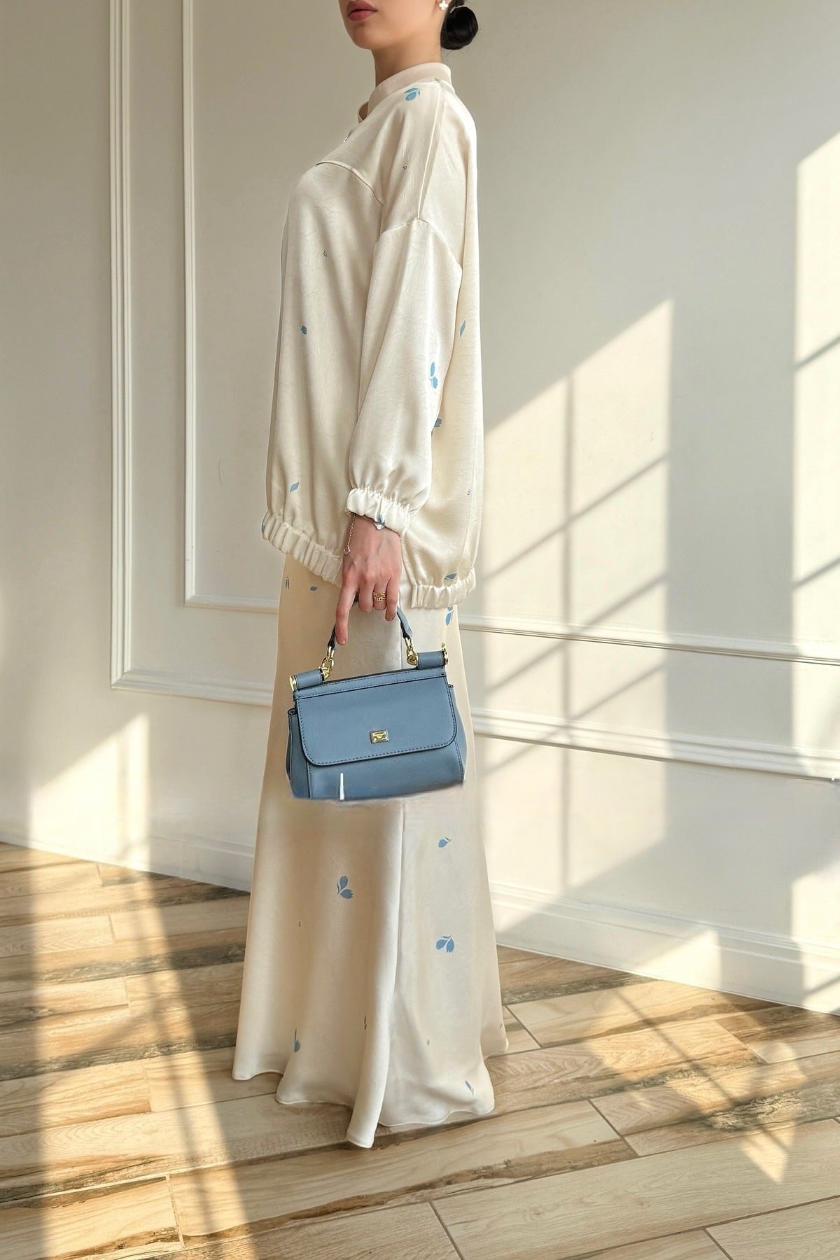 Floral Print Satin Zip-Front Tunic & Maxi Skirt Set