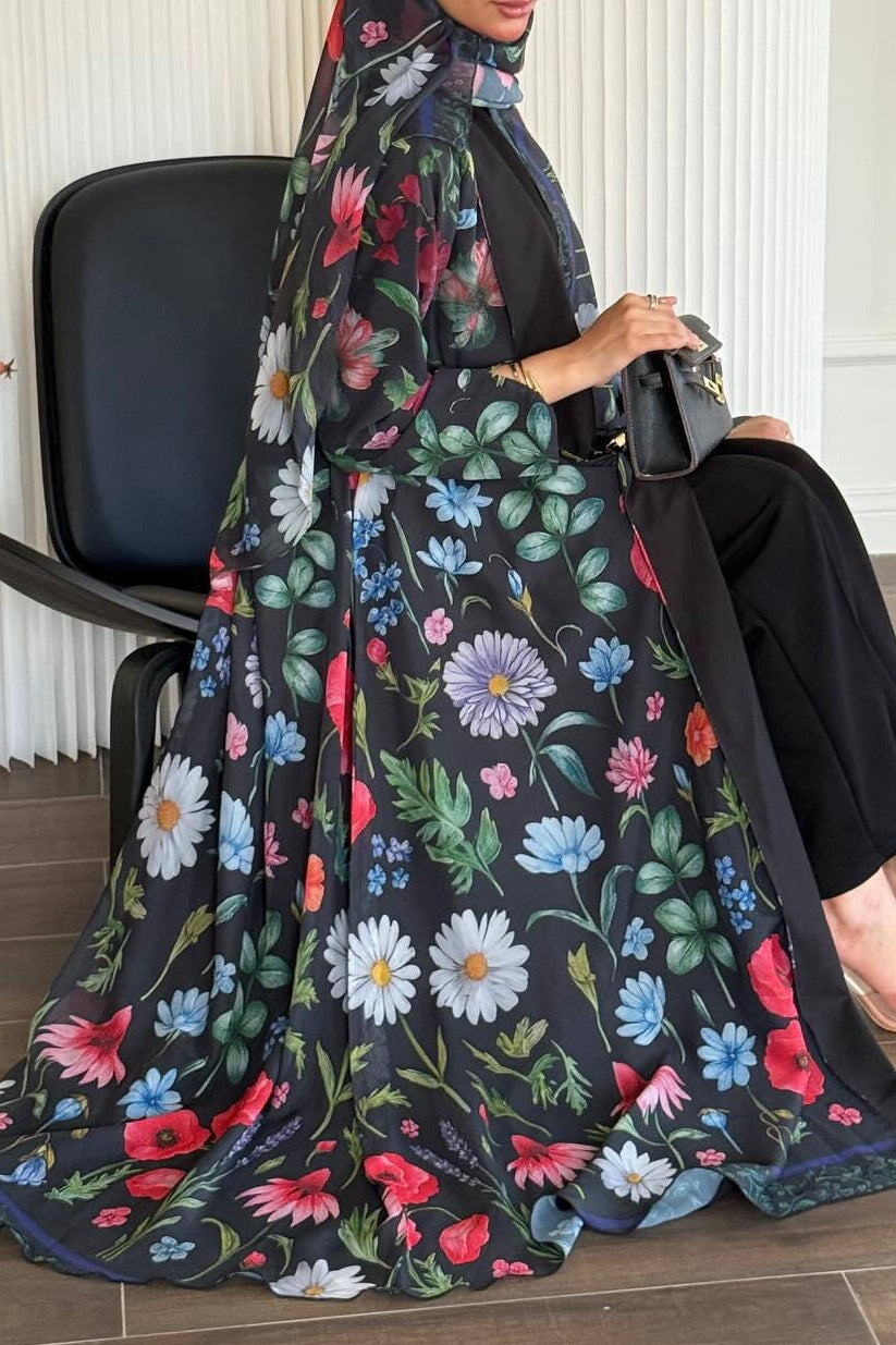 Elegant Floral Print Open Abaya & Matching Hijab Set