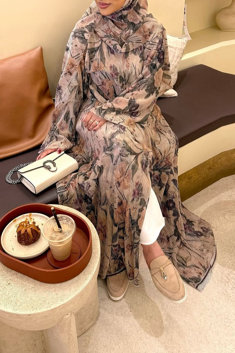 Floral Print Sheer Open Abaya & Matching Hijab Set