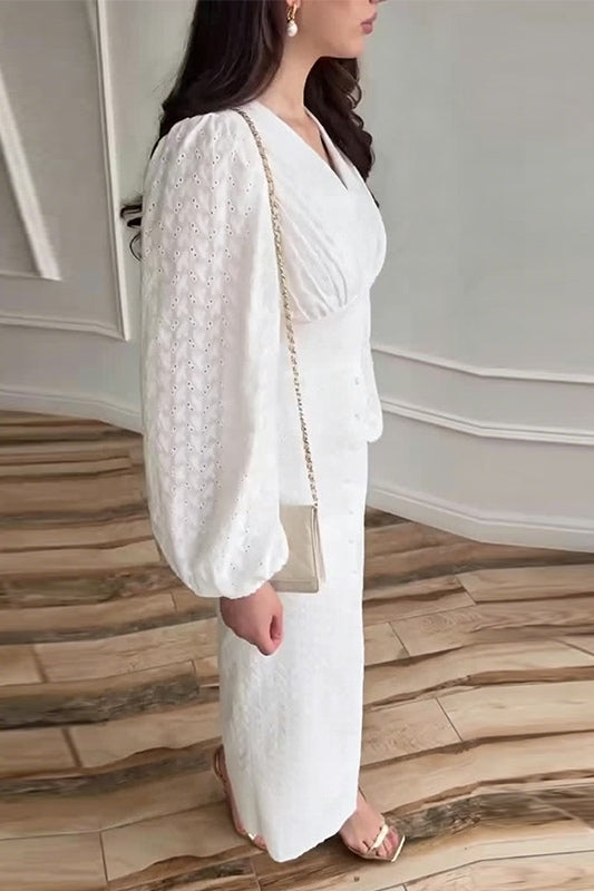 Embroidered Texture Button Detail Maxi Dress
