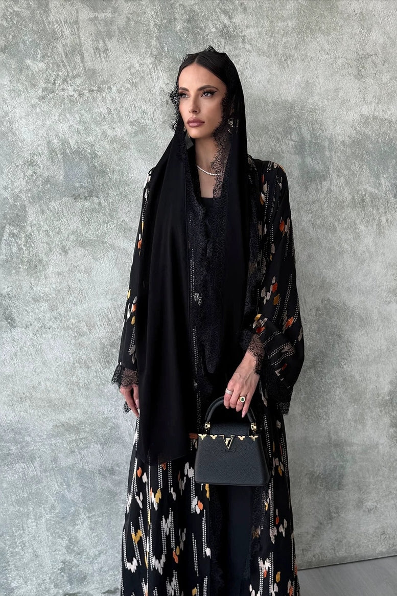 Lace-Trimmed Printed Open Abaya & Hijab Set