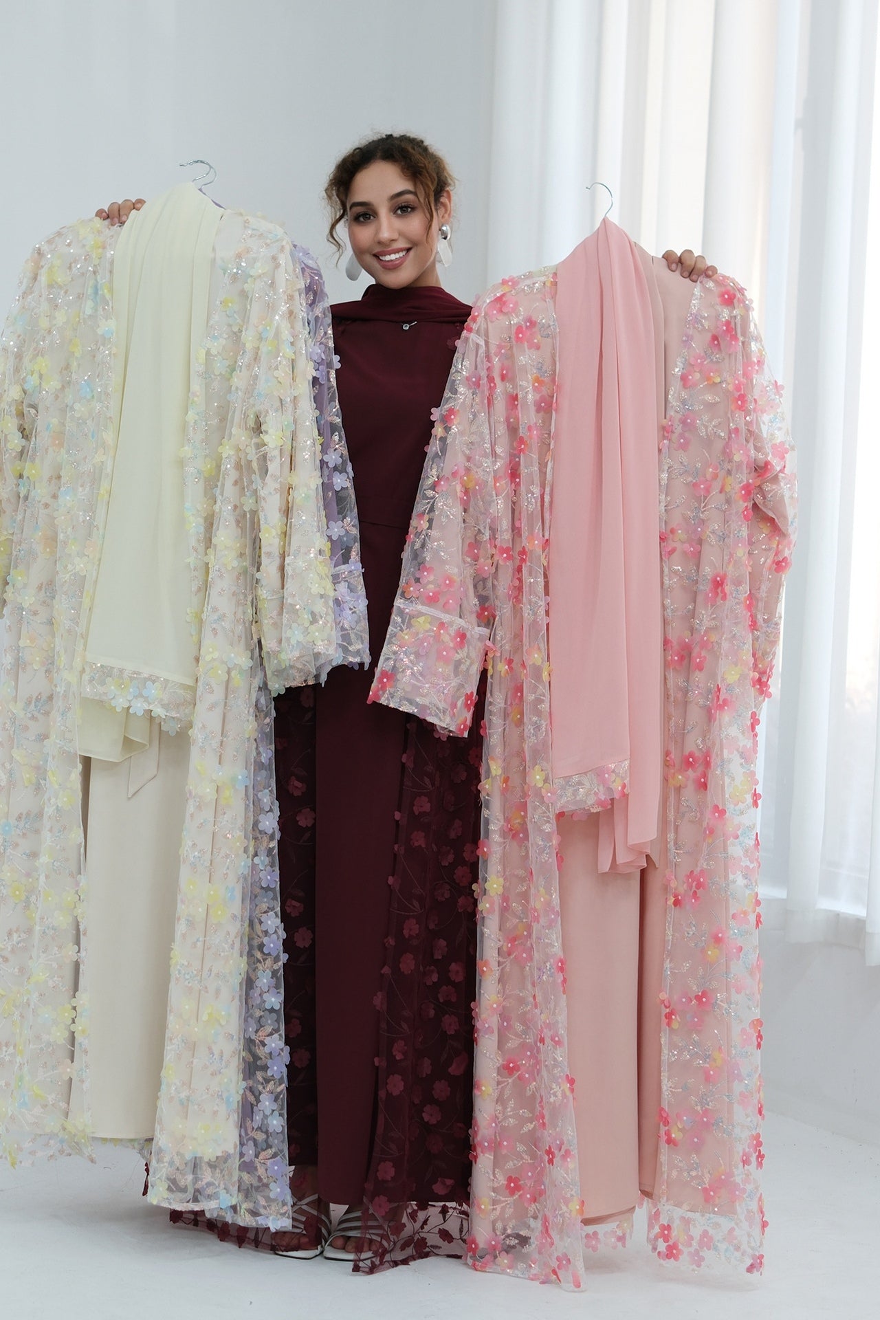 Hand-Beaded Floral Open Abaya Three-Piece Set with Matching Inner Dress & Hijab-Wine