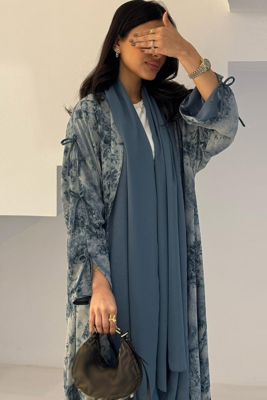 Graceful Printed Chiffon Robe & Matching Hijab Set-Blue