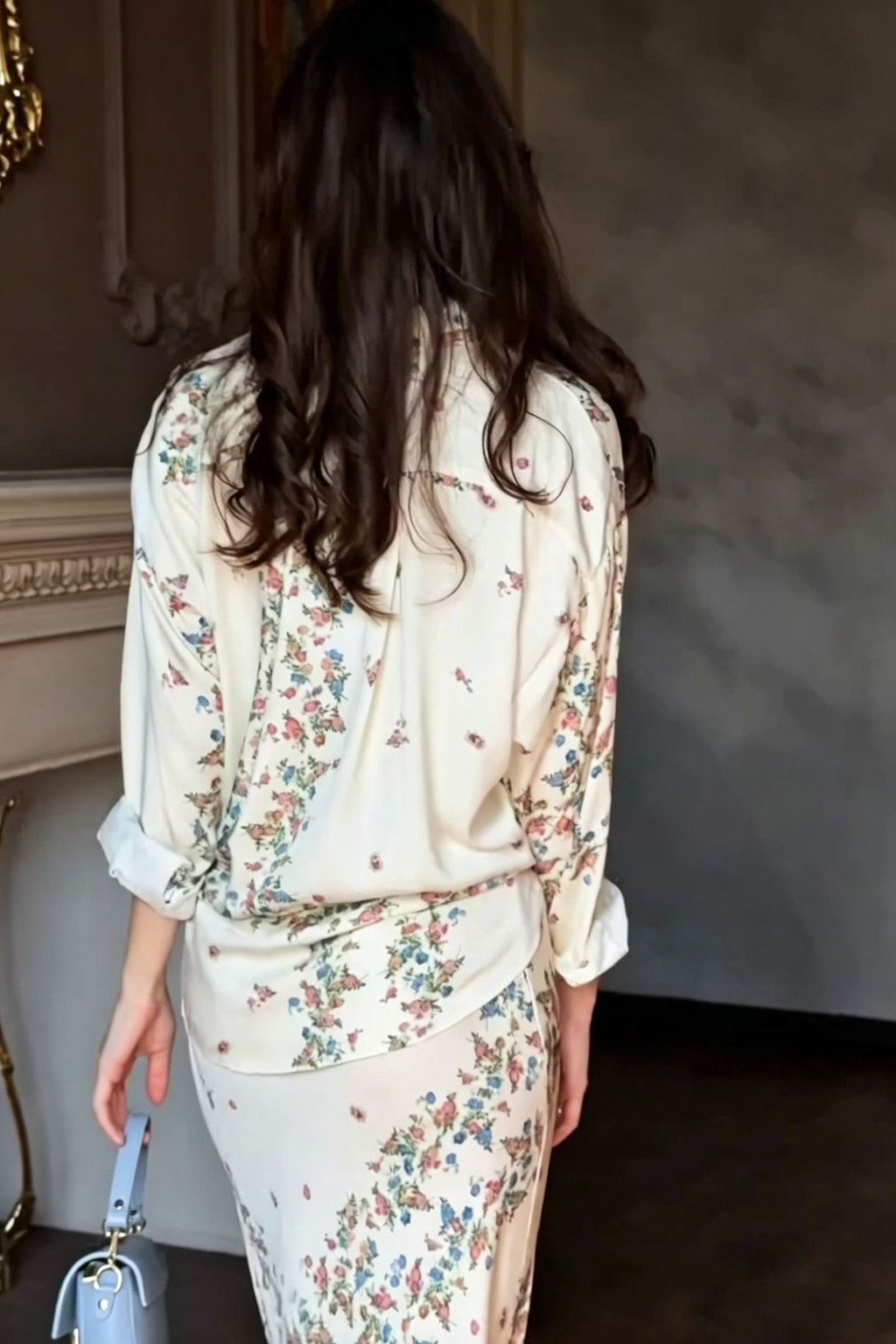 Botanical Print Front-Tie Blouse and Lace-Trim Maxi Skirt Two-Piece Set