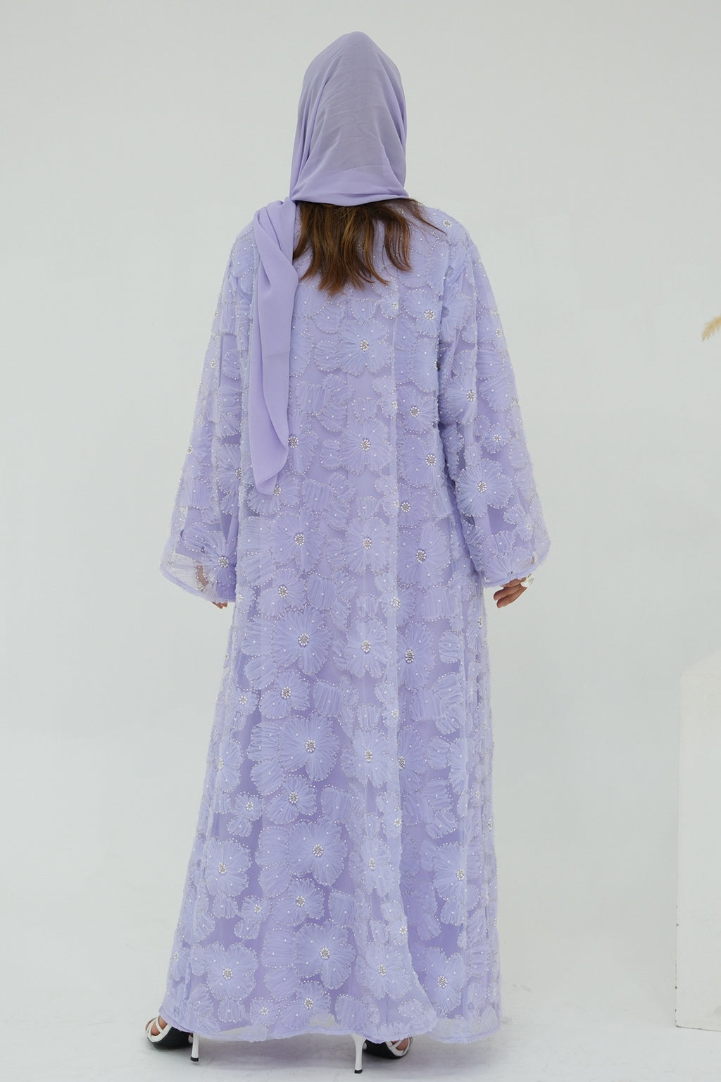 Hand-Beaded Floral Mesh Abaya Two-Piece Set-Purple