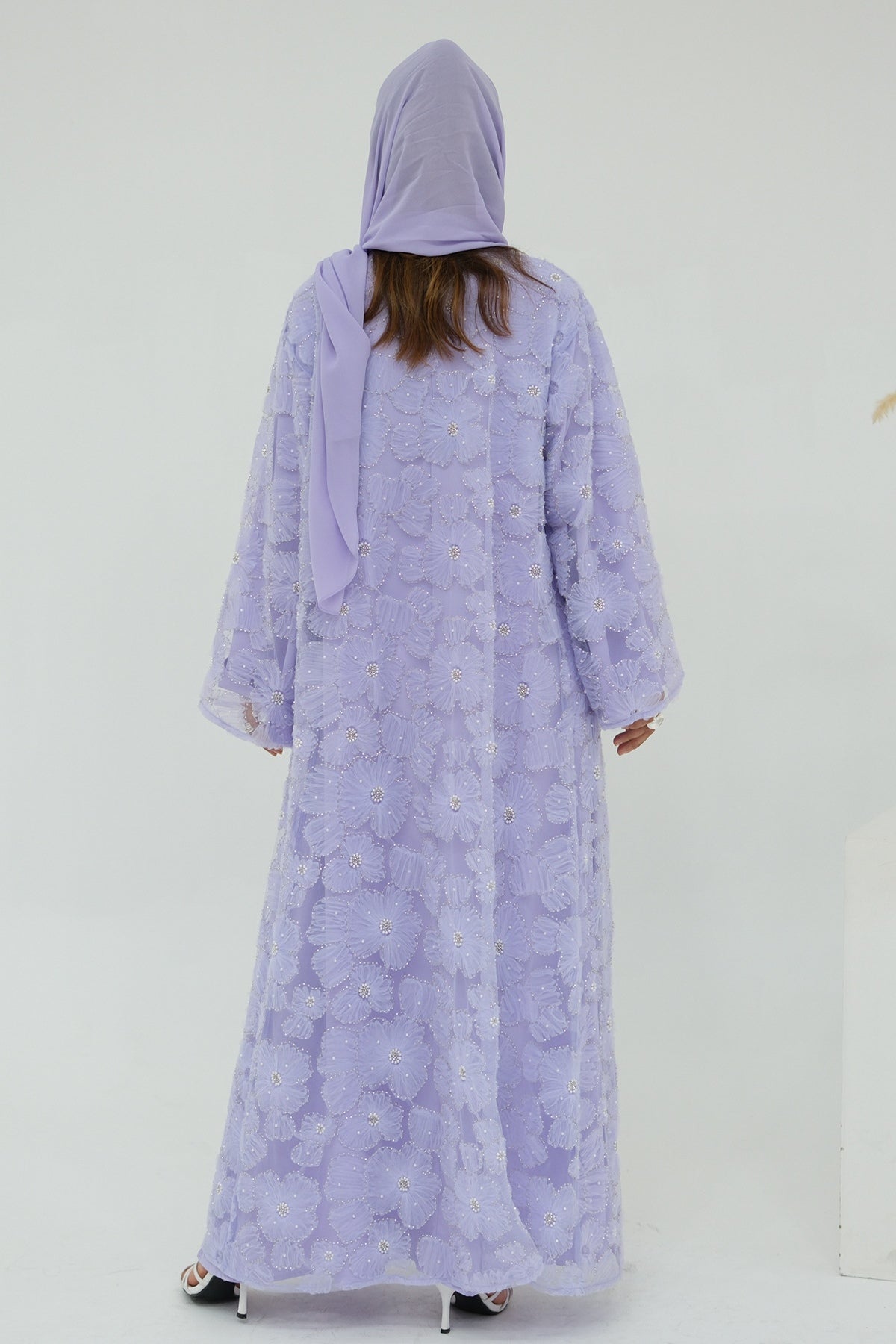 Hand-Beaded Floral Mesh Abaya Two-Piece Set-Purple