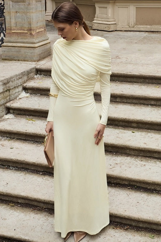 Draped Long-Sleeve Maxi Dress-White