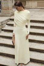 Draped Long-Sleeve Maxi Dress-White