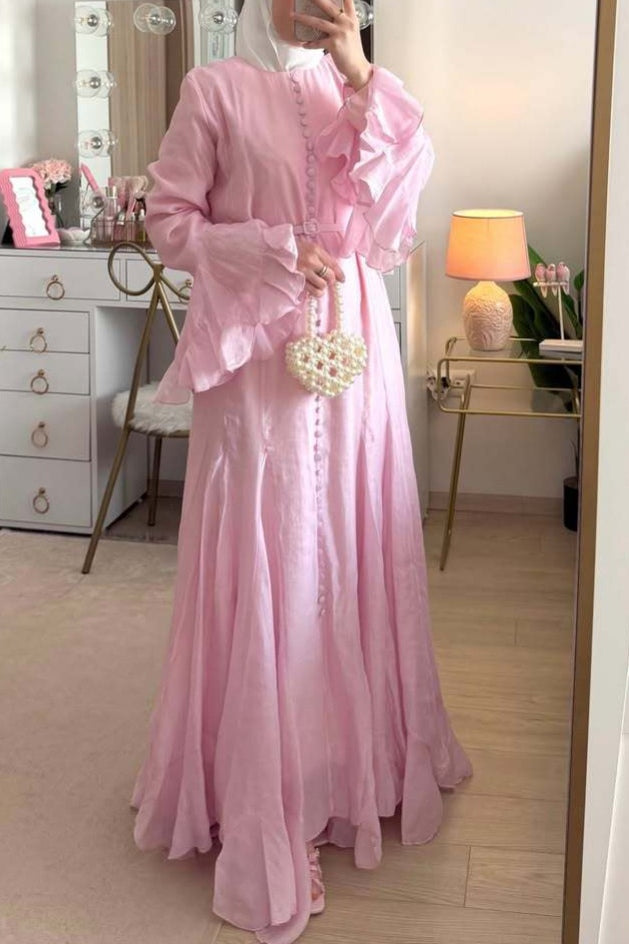 Button Down Cascade Ruffle Sleeve Dress-Pink
