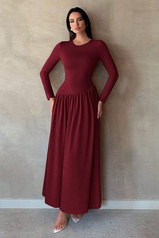 Minimalist Pleated Slim-Fit Maxi Dress-DarkRed
