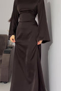 Solid Color Cinched Tie-Waist Slimming Long Sleeve Maxi Dress-Brown