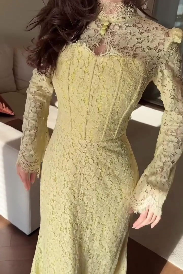 Fiona Lace Flare Sleeve Maxi Dress-Yellow