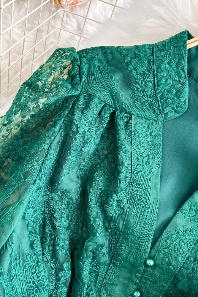 Elena Lace Embroidered Buttoned Maxi Dress-DarkGreen