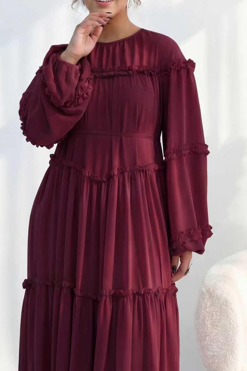Tiered Ruffle Chiffon Maxi Dress-Wine