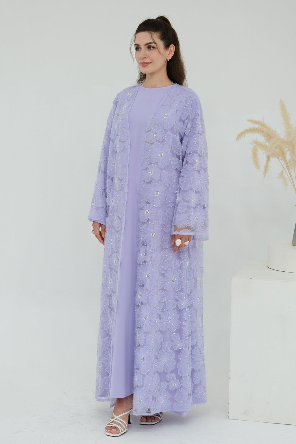 Hand-Beaded Floral Mesh Abaya Two-Piece Set-Purple