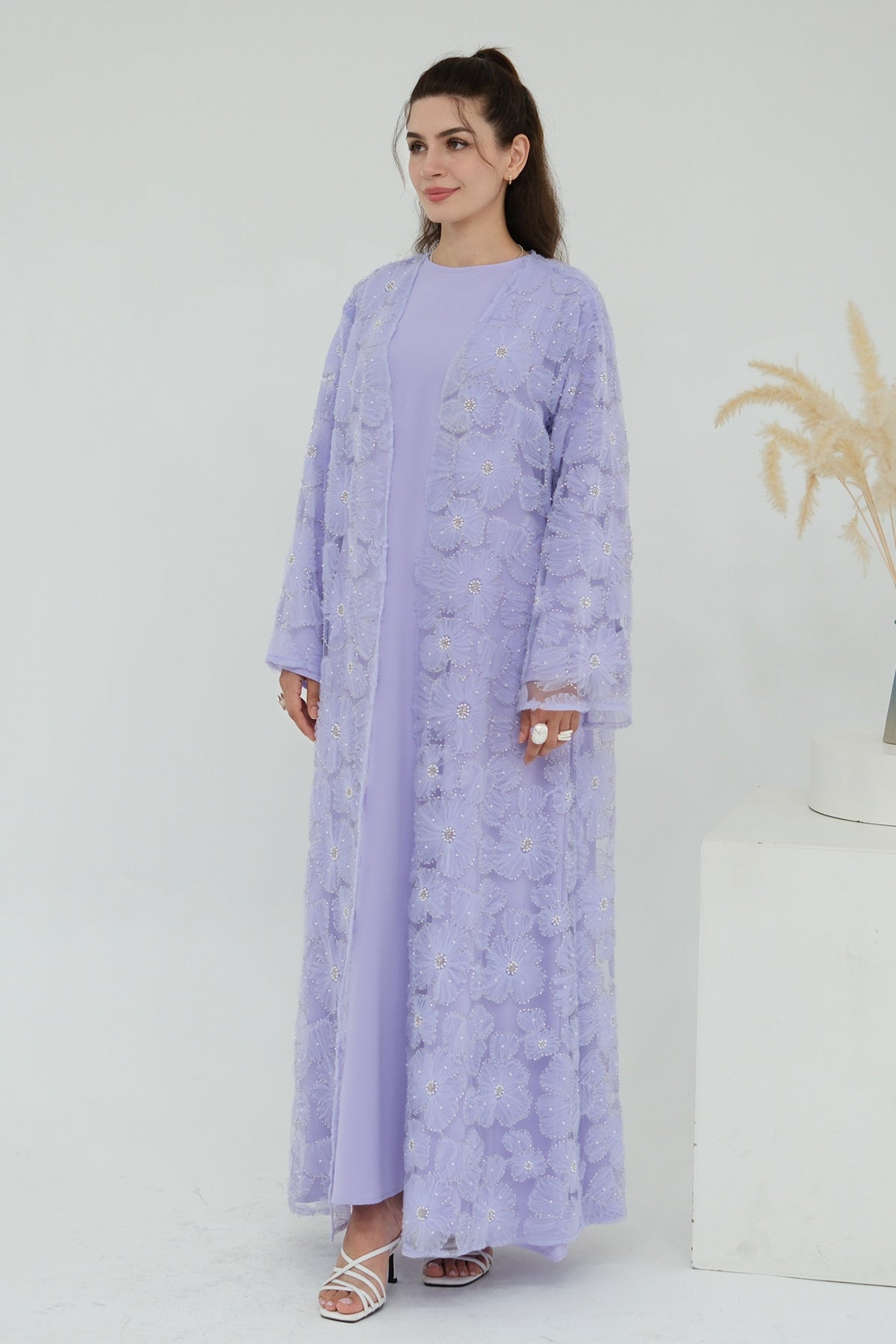 Hand-Beaded Floral Mesh Abaya Two-Piece Set-Purple