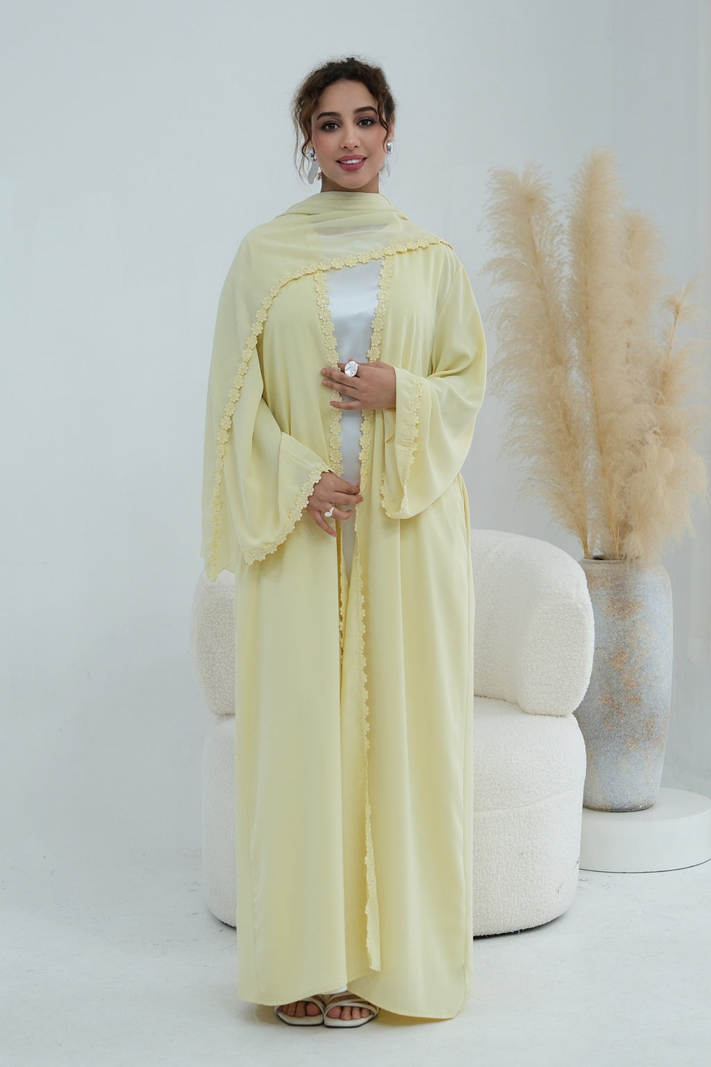 Floral Lace Trim Open Abaya & Matching Hijab Two-Piece Set-Yellow