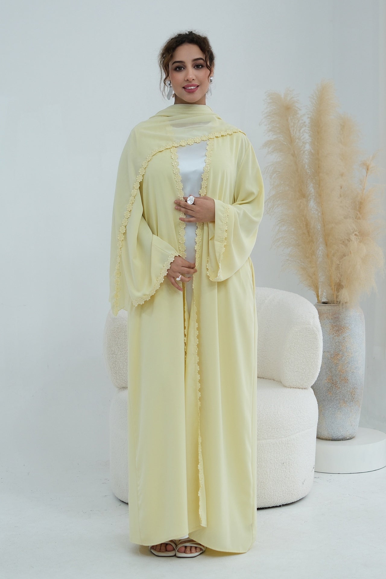 Floral Lace Trim Open Abaya & Matching Hijab Two-Piece Set-Yellow