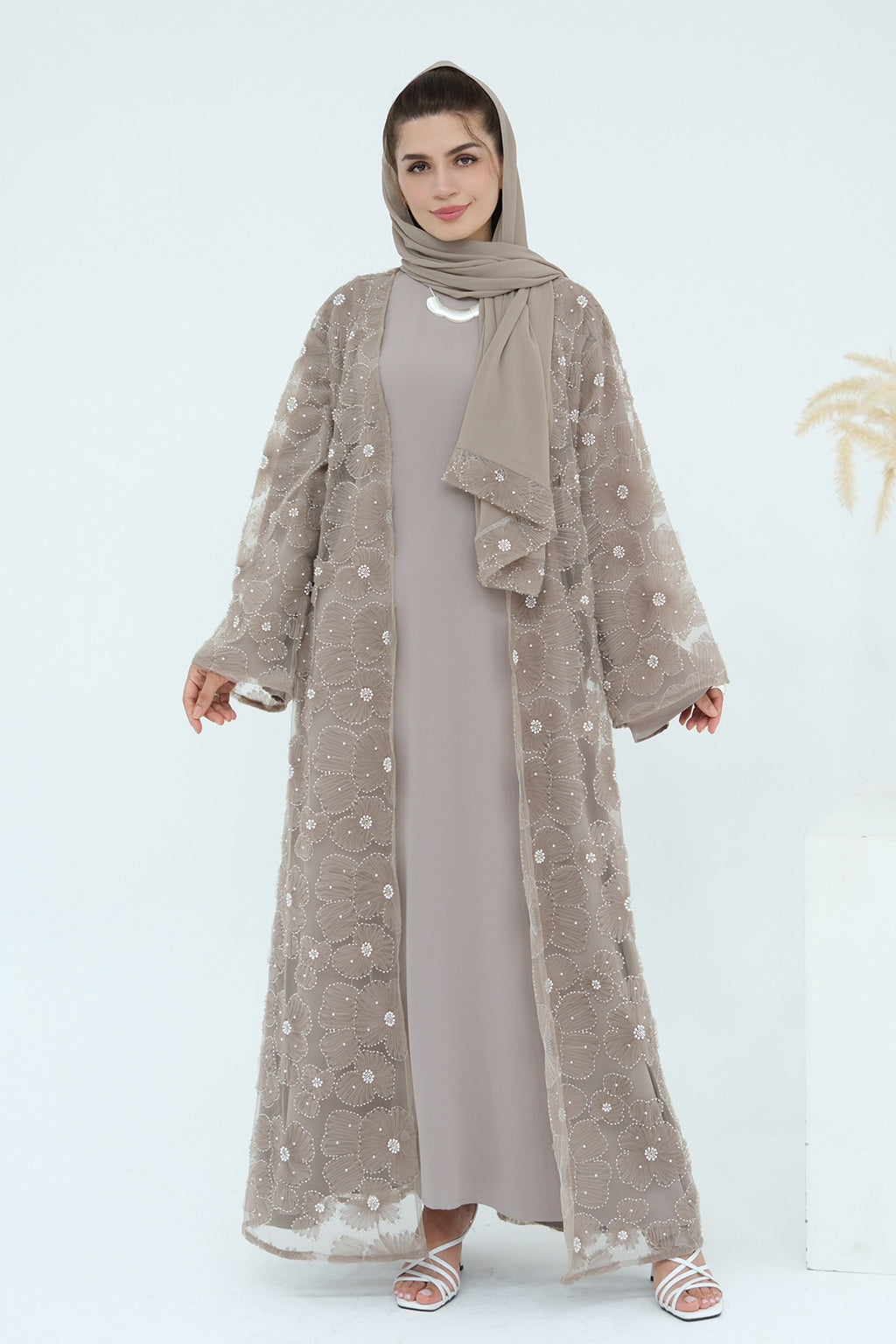 Hand-Beaded Floral Mesh Abaya Two-Piece Set-Grey