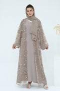 Hand-Beaded Floral Mesh Abaya Two-Piece Set-Grey