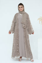 Hand-Beaded Floral Mesh Abaya Two-Piece Set-Grey