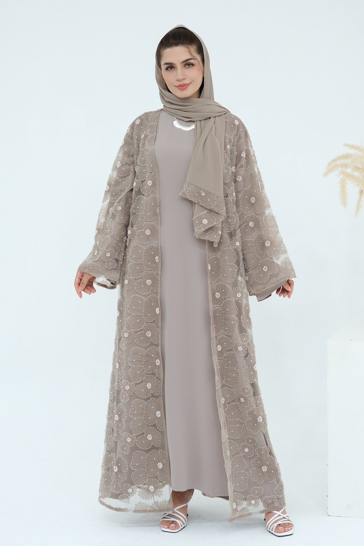 Hand-Beaded Floral Mesh Abaya Two-Piece Set-Grey