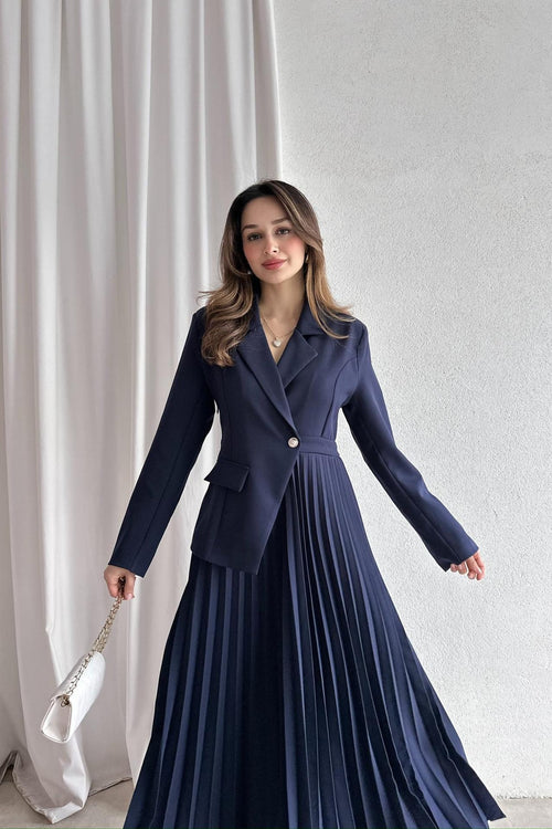 Amara Blazer Pleated Maxi Dress-DarkBlue