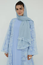 Hand-Beaded Floral Mesh Abaya Two-Piece Set-Blue