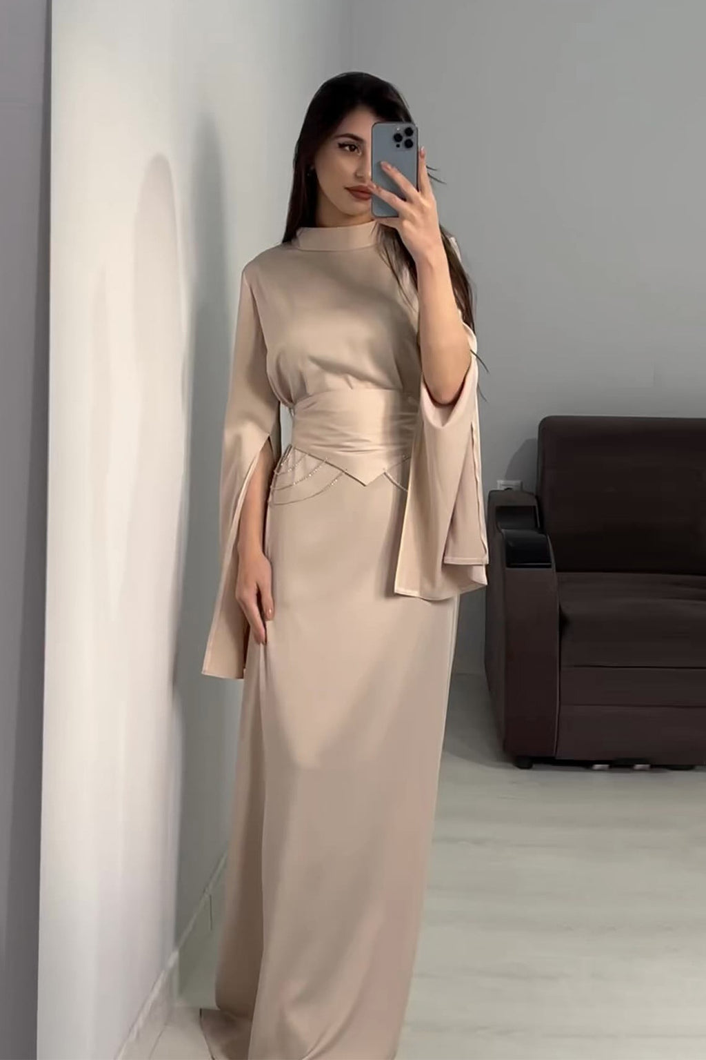 Rana Split Flare Sleeve Rhinestone Waist Maxi Dress-Beige