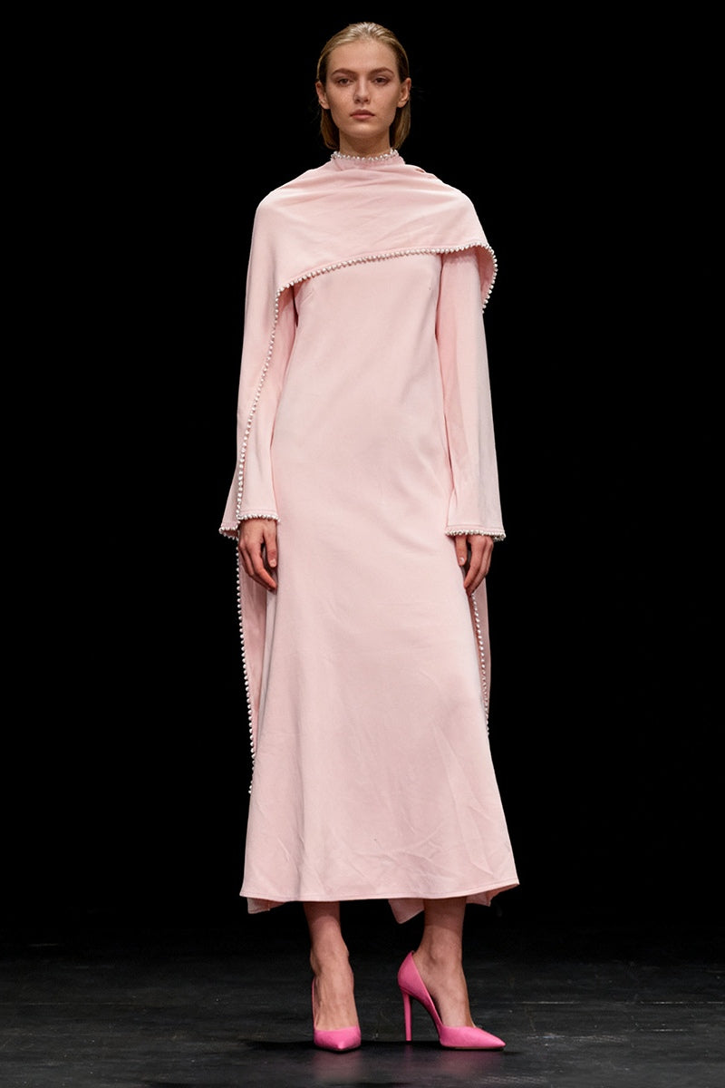 Pearl-Trimmed Cape Modest Evening Gown-Pink