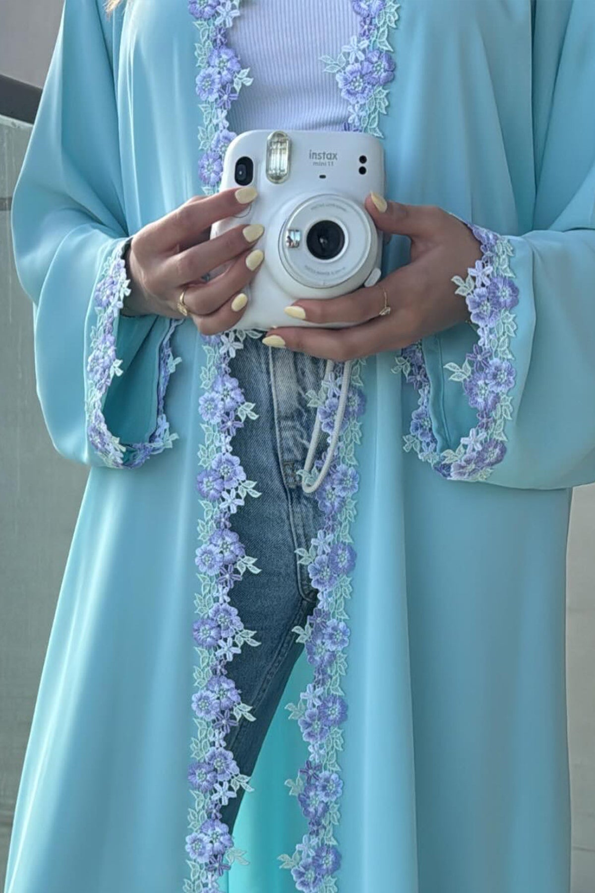 Zahra Pastel Floral Lace Trim Open Abaya