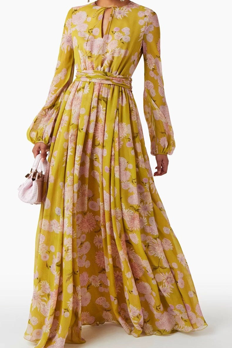 Vibrant Sunny-Day Floral Print Cinched-Waist Modest Maxi Dress