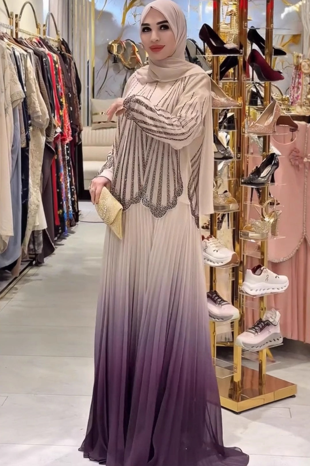Nur Rhinestone Ombre Pleated Abaya Dress
