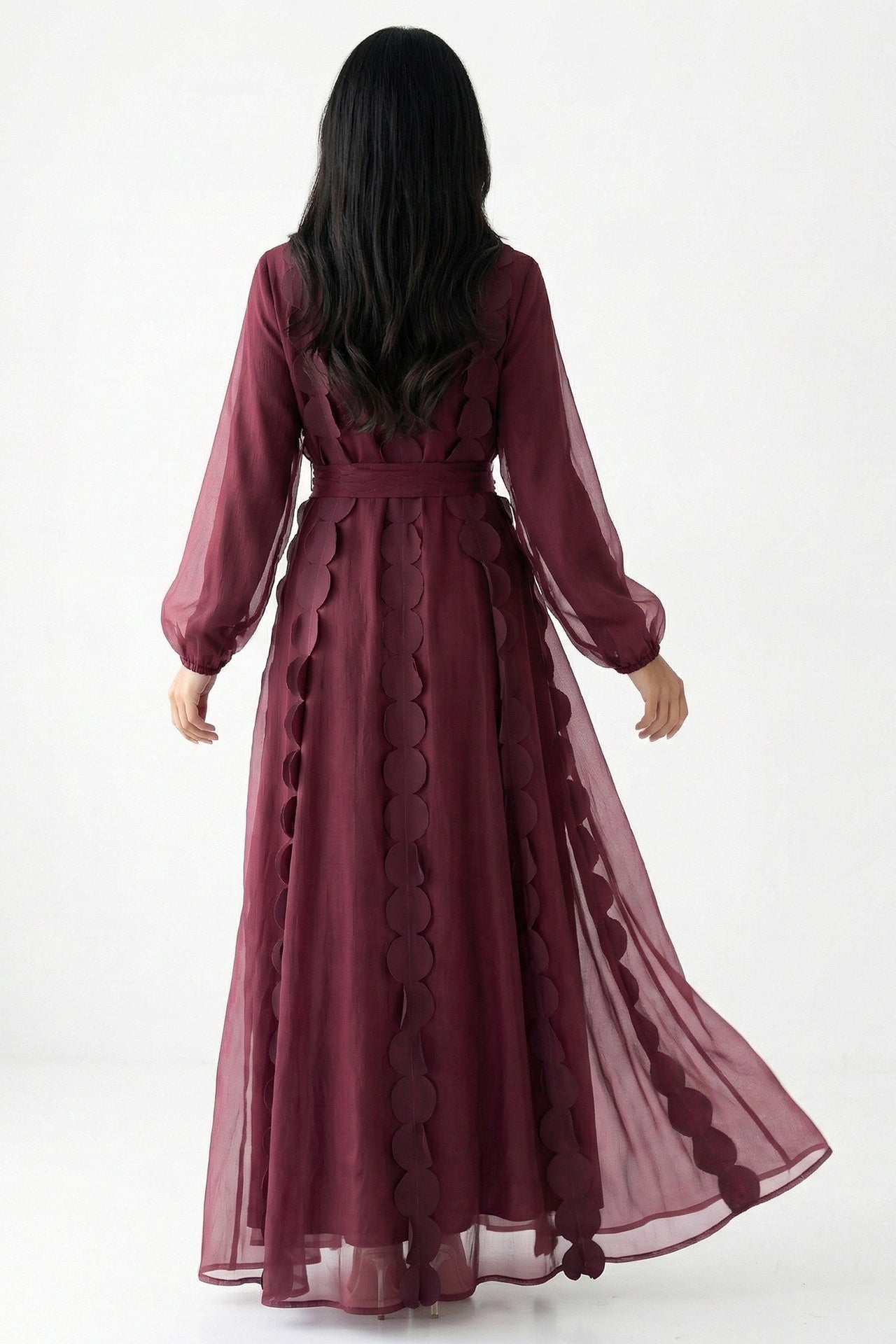 2-Piece Textured Circle Patchwork Abaya Set-Wine