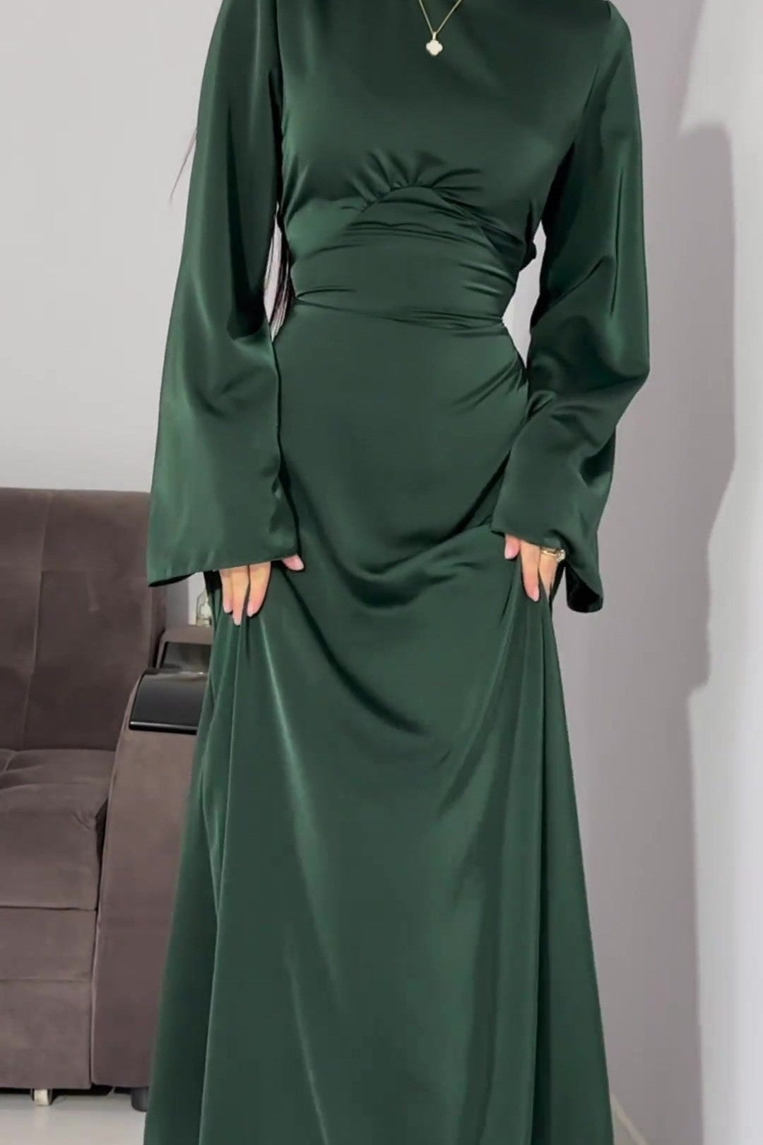 Solid Color Cinched Tie-Waist Slimming Long Sleeve Maxi Dress-Green