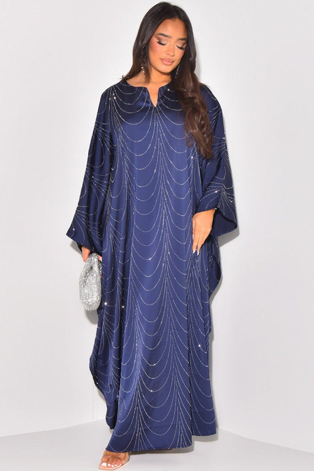 Starlit Rhinestone Embellished Evening Gown-Blue