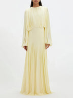 Zoe Pleated Chiffon Long Sleeve Maxi Gown-Yellow