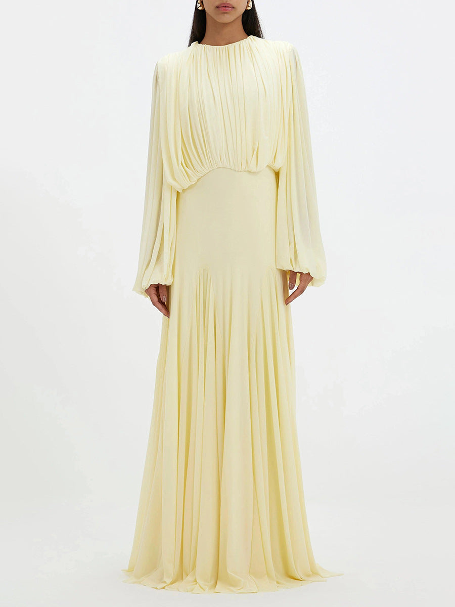 Zoe Pleated Chiffon Long Sleeve Maxi Gown-Yellow
