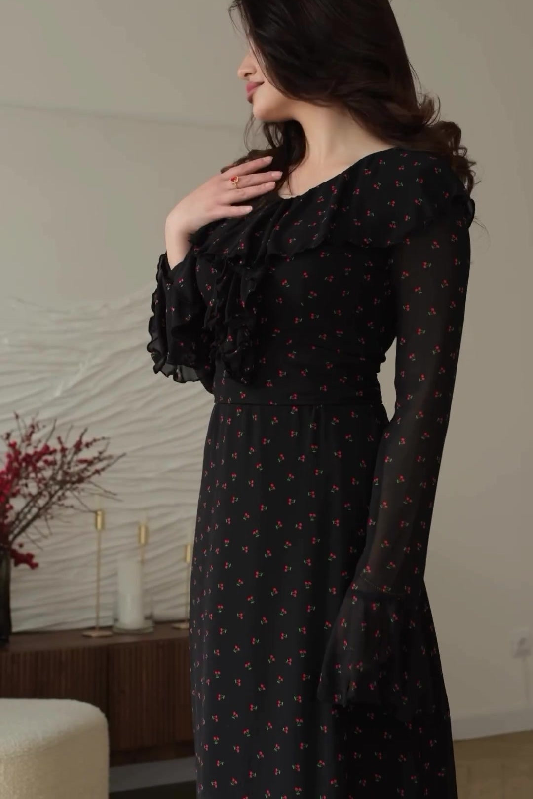 Zara Ruffle V Neck Ditsy Floral Maxi Dress