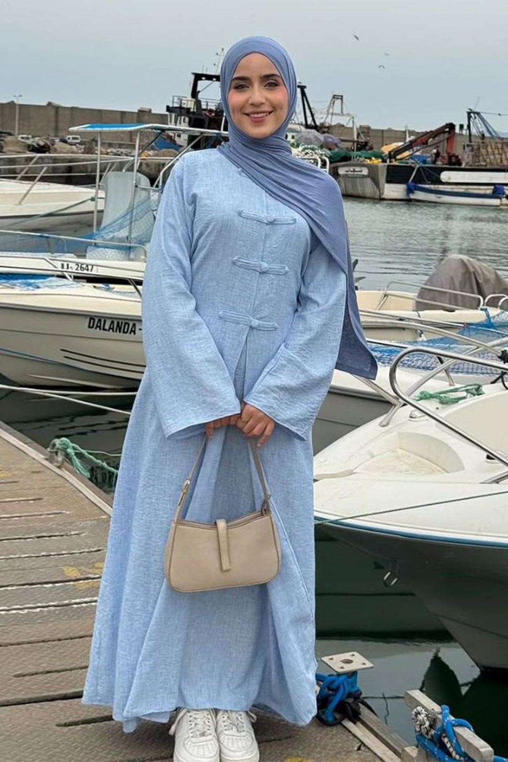 Mandarin Collar Modest Two-Piece Abaya Set-Blue